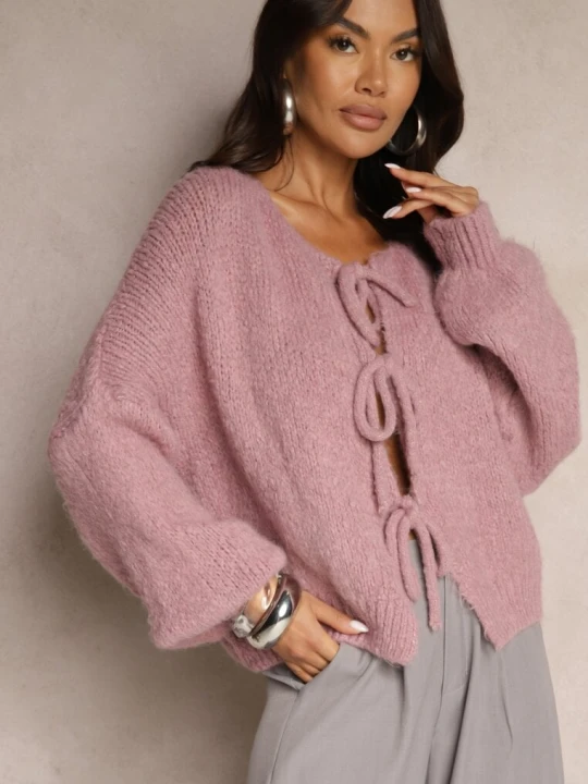Zdjęcie produktu Różowy Kardigan z Wełną o Kroju Oversize z Wiązanymi Kokardami Elearina Jumelle
