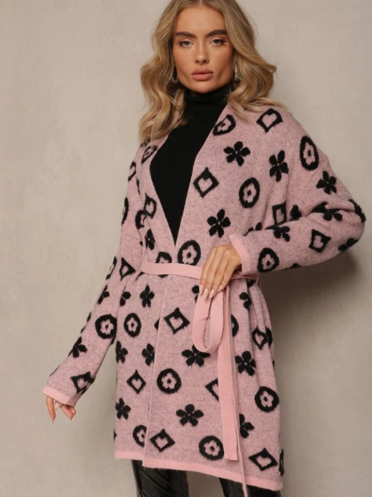 Zdjęcie produktu Różowy Kardigan z Wiązanym Paskiem Ozdobiony Wzorem w Kwiaty Timonen Studio Eleven