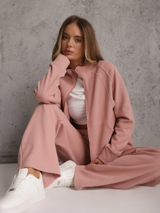 Zdjęcie produktu Różowy Komplet Dresowy Spodnie Wide Leg i Bluza na Suwak ze Stójką Milia Swest