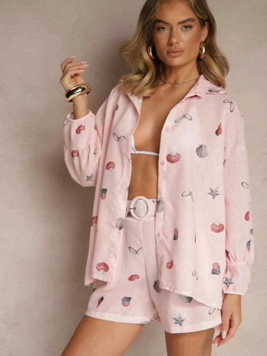 Zdjęcie produktu Różowy Komplet z Wiskozą Koszula i Szorty w Morski Print Reisoria Pretty