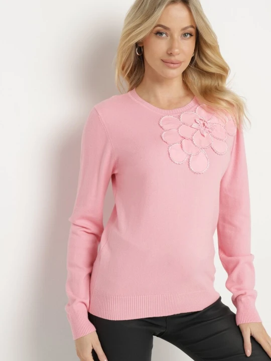 Zdjęcie produktu Różowy Sweter z Wiskozą Modalem i Aplikacjami 3D Esalttia Newstar