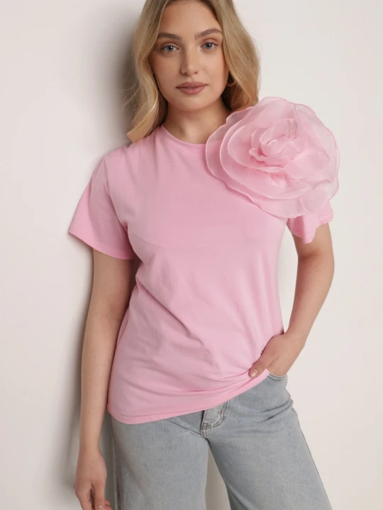 Zdjęcie produktu Różowy T-shirt Koszulka z Krótkim Rękawem i Aplikacją w Kształcie Kwiatu Nestairis Retro & Icone