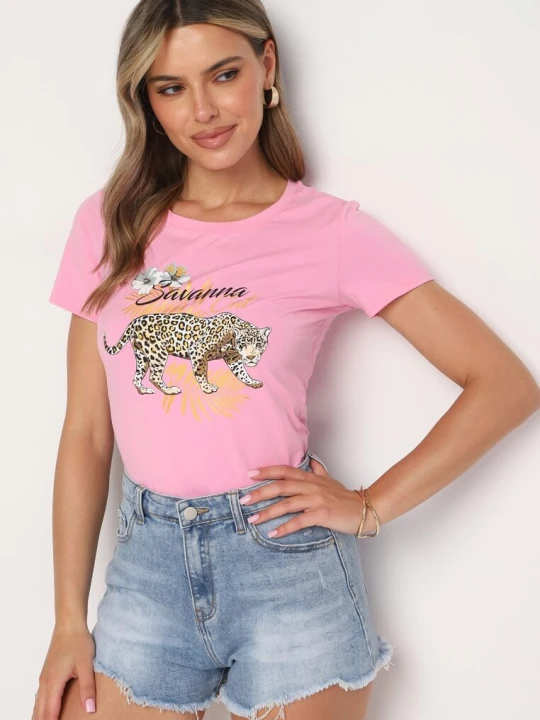 Zdjęcie produktu Różowy T-shirt z Bawełny z Nadrukiem Pantery Yelfea Glo-story