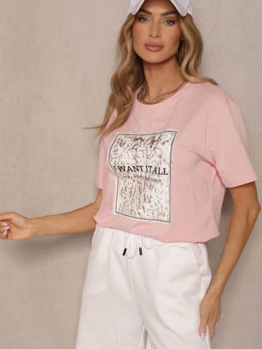 Zdjęcie produktu Różowy T-shirt z Bawełny z Nadrukiem Tellanis Glo-story