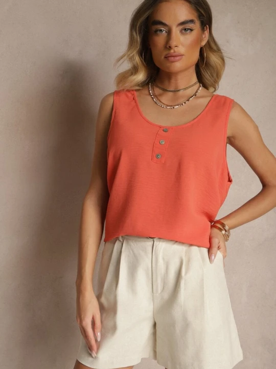 Zdjęcie produktu Pomarańczowy Top z Bawełną Ozdobiony Guzikami Ulosiella Defox