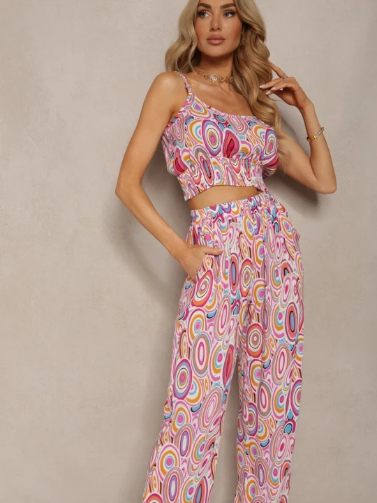 Zdjęcie produktu Różowy Wiskozowy Komplet Boho Krótki Top na Ramiączkach Długie Spodnie z Nogawkami Palazzo Miteri