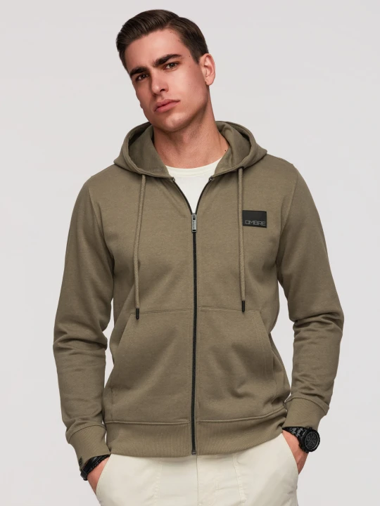 Zdjęcie produktu Rozpinana bluza męska dresowa z kapturem i patchem – oliwkowa V4 - Rozmiar: L Ombre Clothing oliwkowy