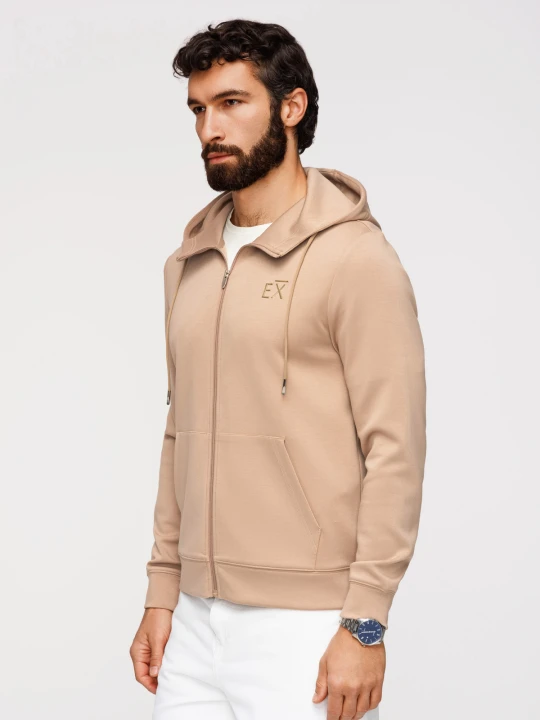 Zdjęcie produktu Rozpinana bluza męska z kapturem z gładkiej dzianiny - beżowa V3 - Rozmiar: S Ombre Clothing