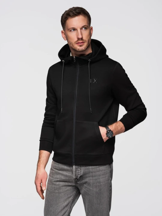 Zdjęcie produktu Rozpinana bluza męska z kapturem z gładkiej dzianiny - czarna V1 - Rozmiar: XL Ombre Clothing