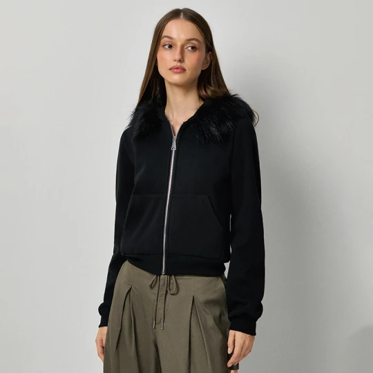 Zdjęcie produktu Rozpinana bluza slim fit z kapturem i odpinanym futerkiem czarna House