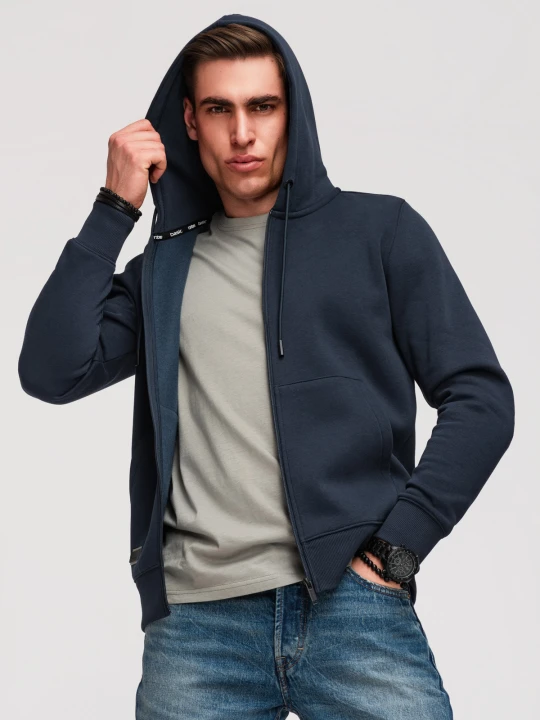 Zdjęcie produktu Rozpinana męska bluza dresowa BASIC – granatowa V1 - Rozmiar: XL Ombre Clothing