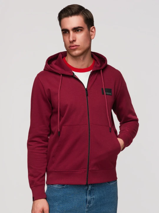 Zdjęcie produktu Rozpinana męska bluza dresowa z kapturem i naszywką – czerwona V3 - Rozmiar: L Ombre Clothing