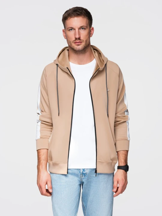 Zdjęcie produktu Rozpinana męska bluza z kapturem i lampasami - beżowa V4 Ombre Clothing