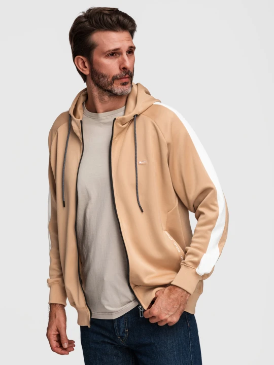Zdjęcie produktu Rozpinana męska bluza z kapturem i lampasami - beżowa V4 - Rozmiar: XL Ombre Clothing