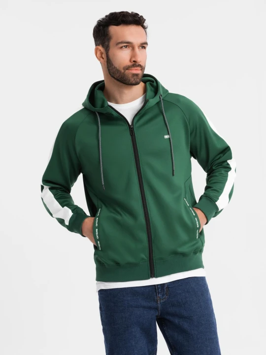 Zdjęcie produktu Rozpinana męska bluza z kapturem i lampasami - ciemnozielona V7 - Rozmiar: XL Ombre Clothing ciemnozielony