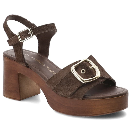 Zdjęcie produktu Sandały damskie Marco Tozzi, cholewka ze skóry naturalnej zamszowej drewnopodobne wykończenie elegancko casualowy styl, brązowe, 2-28391-46 361