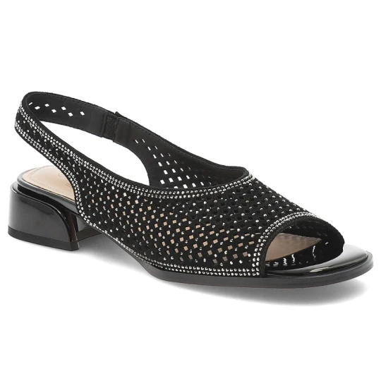 Zdjęcie produktu Sandały damskie S.Barski, skóra naturalna ażurowa cholewka fason slingback elastyczny pasek niski stabilny obcas połyskujące zdobienia, czarne, CR61