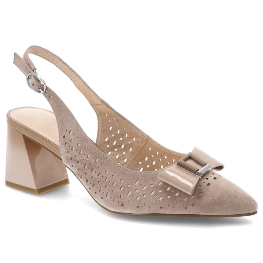 Zdjęcie produktu Sandały damskie S.Barski, slingback ze skóry naturalnej z ażurową cholewką i ozdobną klamrą na stabilnym słupku, beżowe, CR61-3017