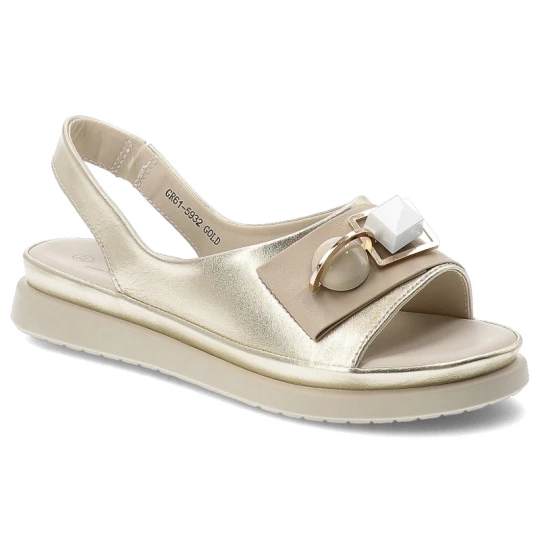 Zdjęcie produktu Sandały damskie S.Barski, ze skóry naturalnej metaliczne ozdobna klamra lekka podeszwa casual letnie, złote, GR61-5932