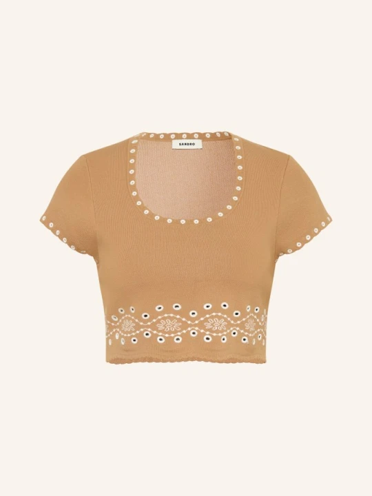 Zdjęcie produktu Sandro Krótka Dzianinowa Bluzka Z Ażurową Koronką beige