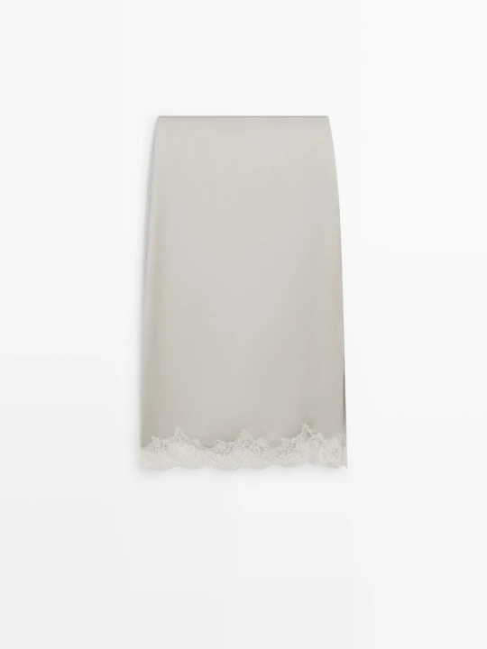 Zdjęcie produktu Satynowa Spódnica Midi Z Koronką - Perłowo-Szary - Massimo Dutti - Female