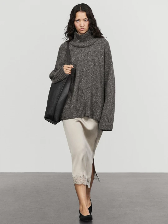 Zdjęcie produktu Satynowa Spódnica Midi Z Koronką - Perłowo-Szary - Massimo Dutti - Female