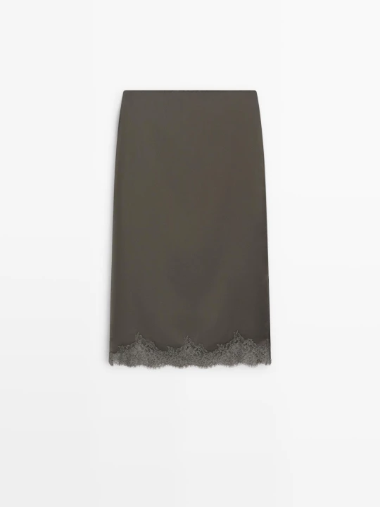Zdjęcie produktu Satynowa Spódnica Midi Z Koronką - Szary - Massimo Dutti - Female
