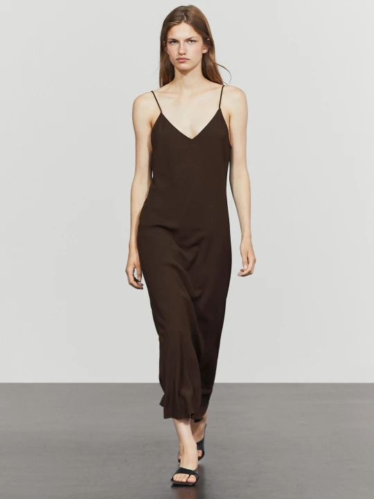 Zdjęcie produktu Satynowa Sukienka Midi - Brązowy - Massimo Dutti - Female