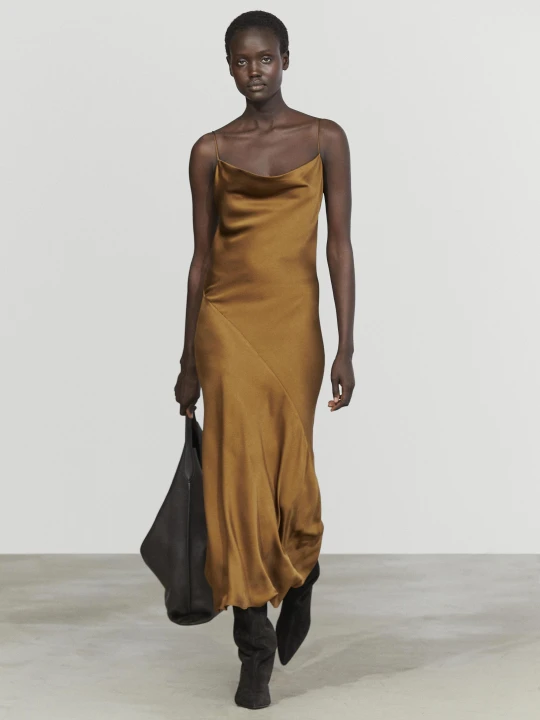 Zdjęcie produktu Satynowa Sukienka Midi - Stare Złoto - Massimo Dutti - Female