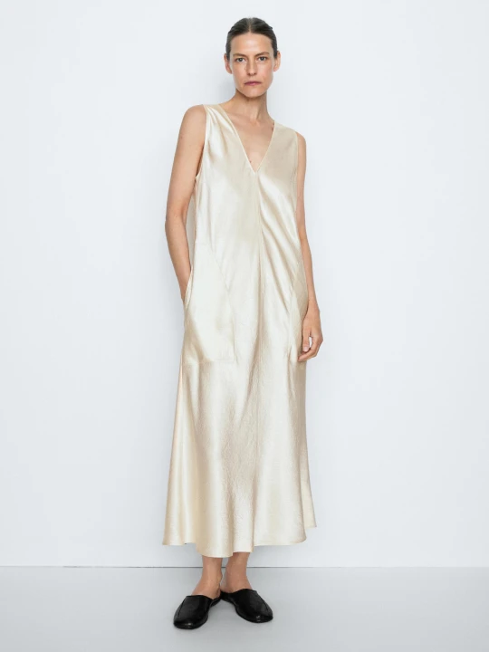 Zdjęcie produktu Satynowa Sukienka Średniej Długości - Studio - Beżowy - - Massimo Dutti - Kobieta