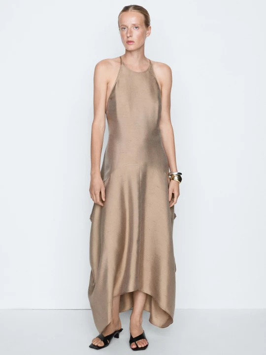 Zdjęcie produktu Luźna Satynowa Sukienka Halter – Studio - Brązowy - Massimo Dutti - Female