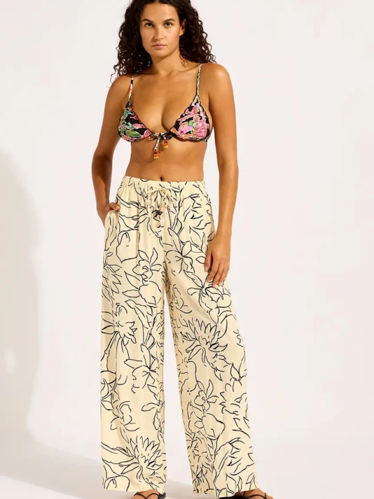 Zdjęcie produktu Seafolly spodnie wide leg damskie z wiskozy Drawcord Wide beżowy