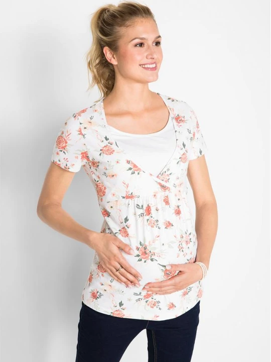 Zdjęcie produktu Shirt 2 w 1 ciążowy i do karmienia piersią, z bawełny organicznej BonPrix biały