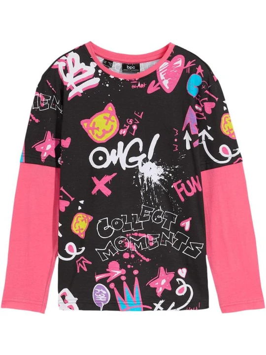 Zdjęcie produktu Shirt dziewczęcy w optyce warstwowego, z bawełny organicznej BonPrix czarny