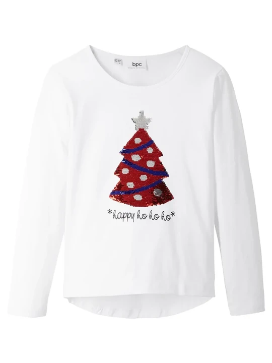 Zdjęcie produktu Shirt dziewczęcy z długim rękawem i obracanymi cekinami BonPrix biały