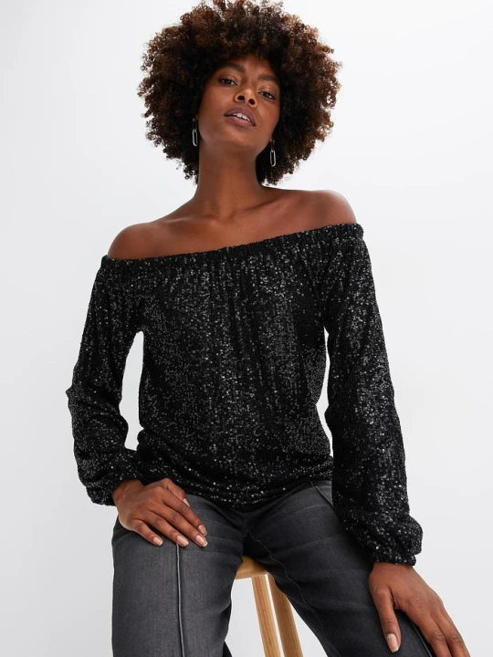 Zdjęcie produktu Shirt oversized z dekoltem carmen i cekinami BonPrix czarny