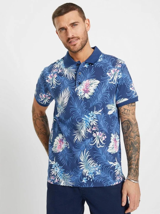 Zdjęcie produktu Shirt polo z dżerseju, z nadrukiem w hawajskim stylu, krótki rękaw BonPrix niebieski