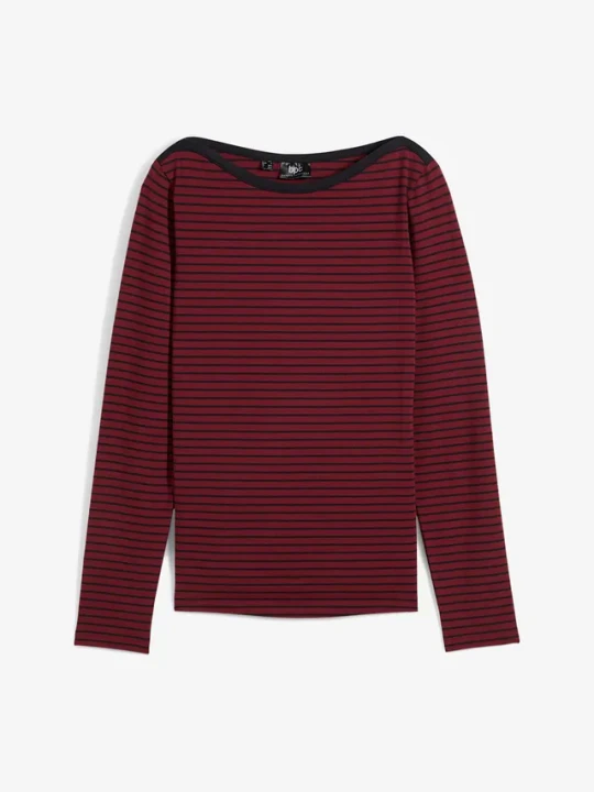 Zdjęcie produktu Shirt w prążek, z długim rękawem i dekoltem w łódkę BonPrix czerwony