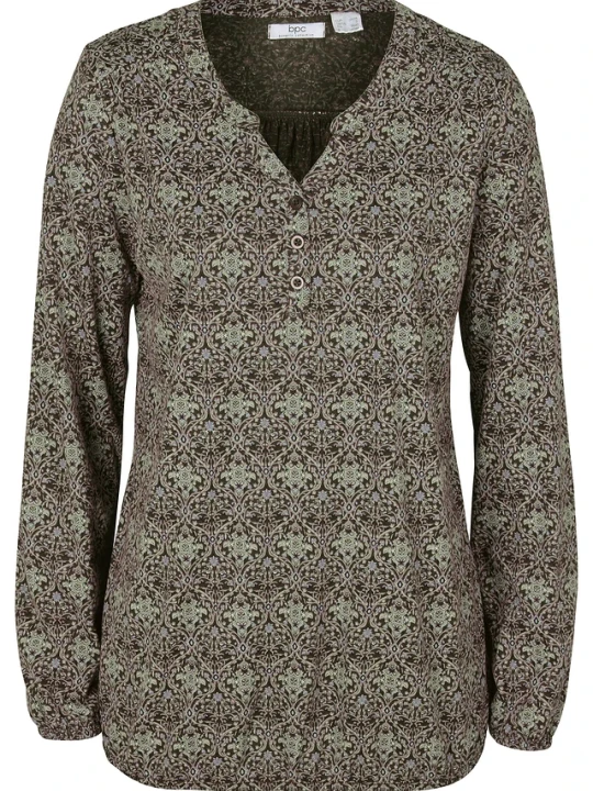 Zdjęcie produktu Shirt z długim rękawem, dekoltem henley i nadrukiem BonPrix zielony