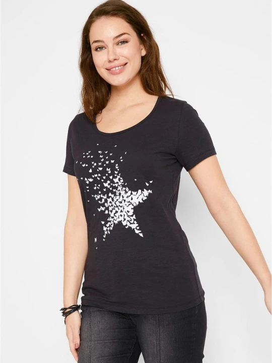 Zdjęcie produktu Shirt z przędzy mieszankowej, krótki rękaw BonPrix czarny
