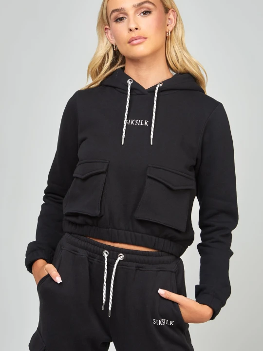 Zdjęcie produktu SikSilk Damska Czarna Bluza z Kapturem z Kieszeniami Cargo