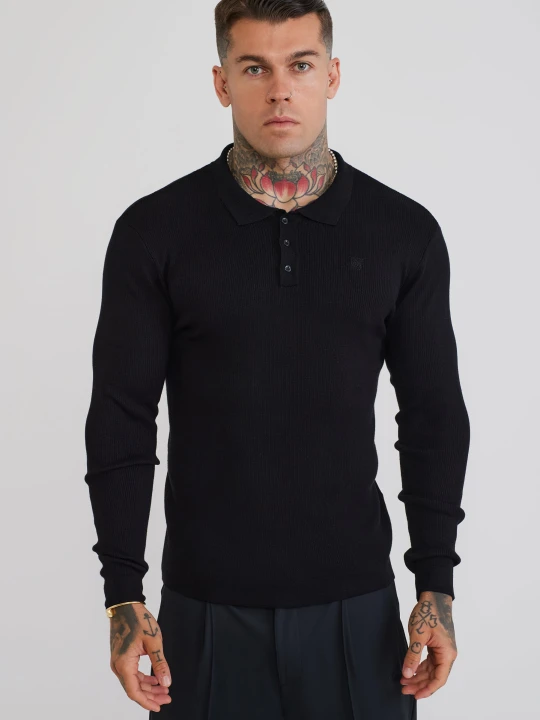 Zdjęcie produktu SikSilk Męska Czarna Długi Rękaw Dzianinowa Koszulka Polo