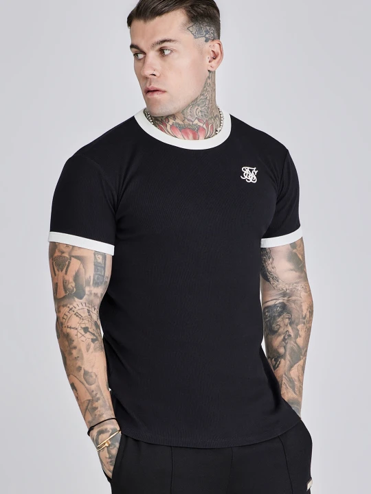 Zdjęcie produktu SikSilk Męski Czarny Żebrowany Ringer T-Shirt