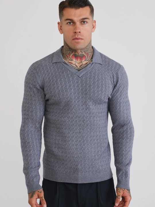 Zdjęcie produktu SikSilk Męska Szara Melanżowa Koszulka Polo z Długim Rękawem Dzianinowa