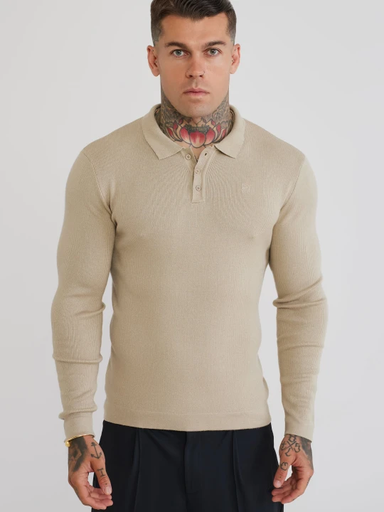 Zdjęcie produktu SikSilk Męska Kamienna Długorękawy Dzianinowy Polo T-Shirt