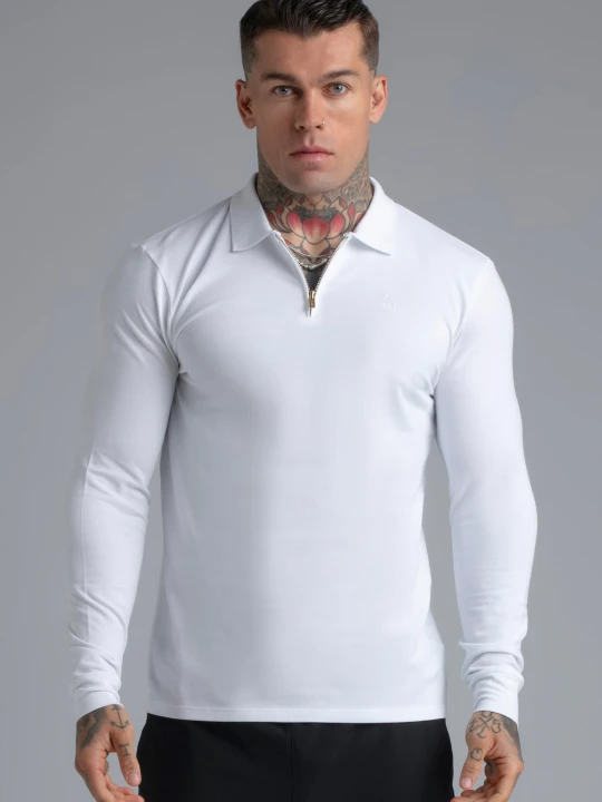 Zdjęcie produktu SikSilk Męska Biała Koszulka Polo z Długim Rękawem i Zamkiem T-Shirt