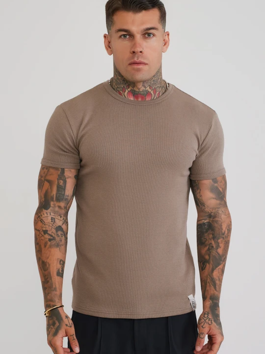 Zdjęcie produktu SikSilk Męska Brązowa Waflowa Obcisła Koszulka Męska