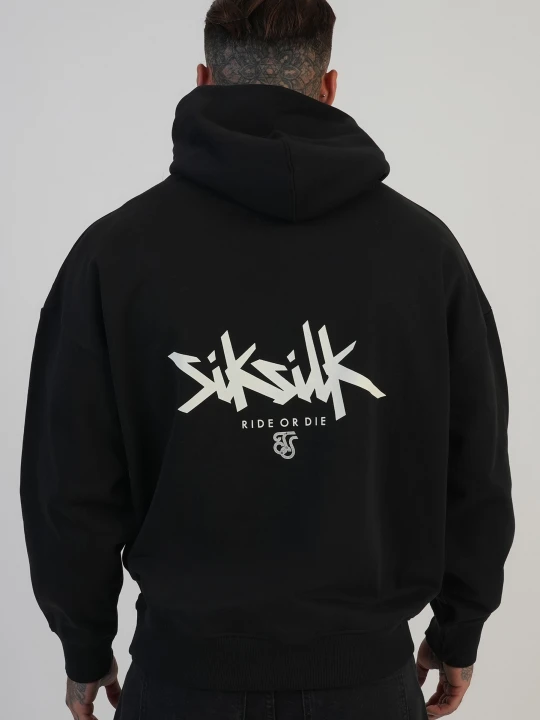 Zdjęcie produktu SikSilk Męska Czarna Graficzna Bluza z Kapturem