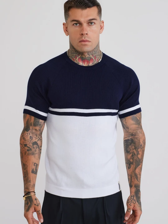 Zdjęcie produktu SikSilk Męska Granatowa i Biała Dzianinowa Koszulka