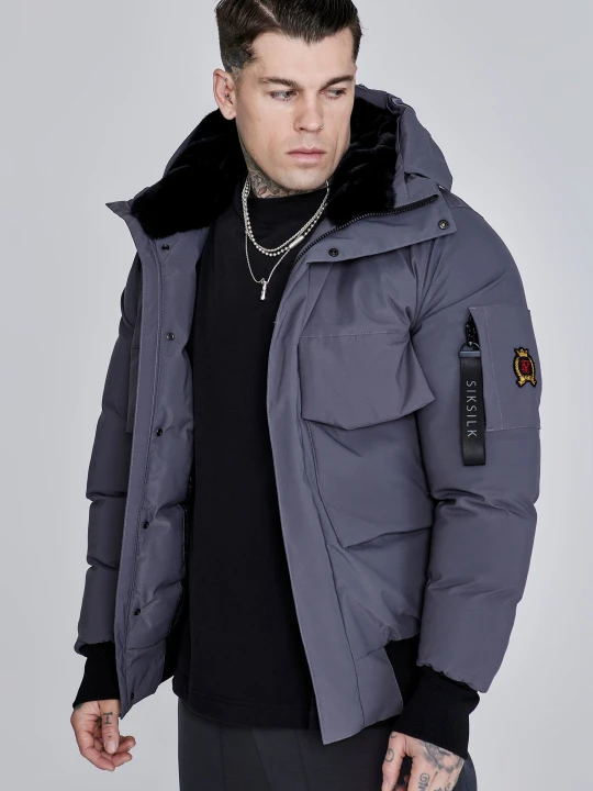Zdjęcie produktu SikSilk Męska Szara Kurtka Bomber z Kapturem